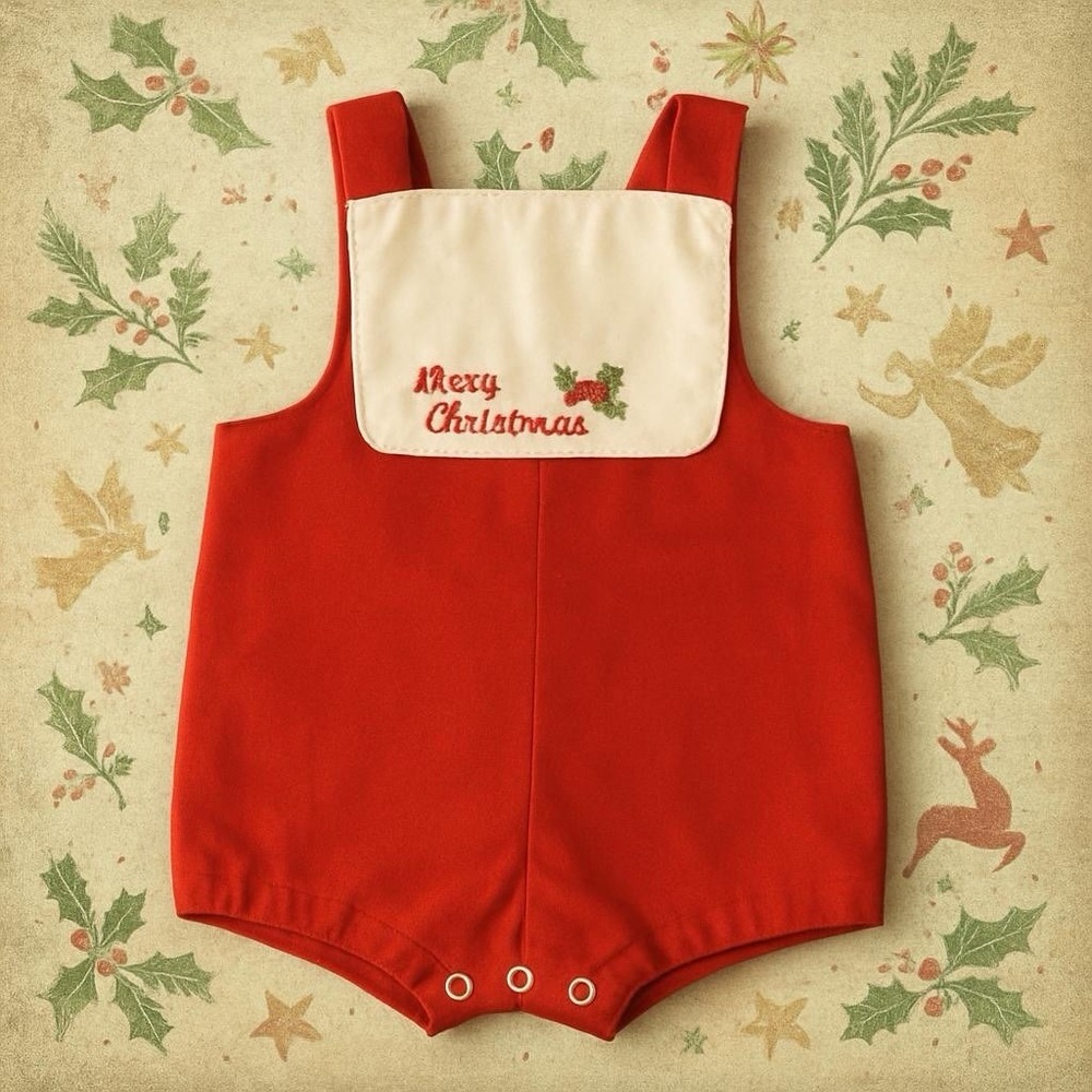 Vintage Baby Christmas Romper Red Corduroy Embroidered Merry Christmas Outfit